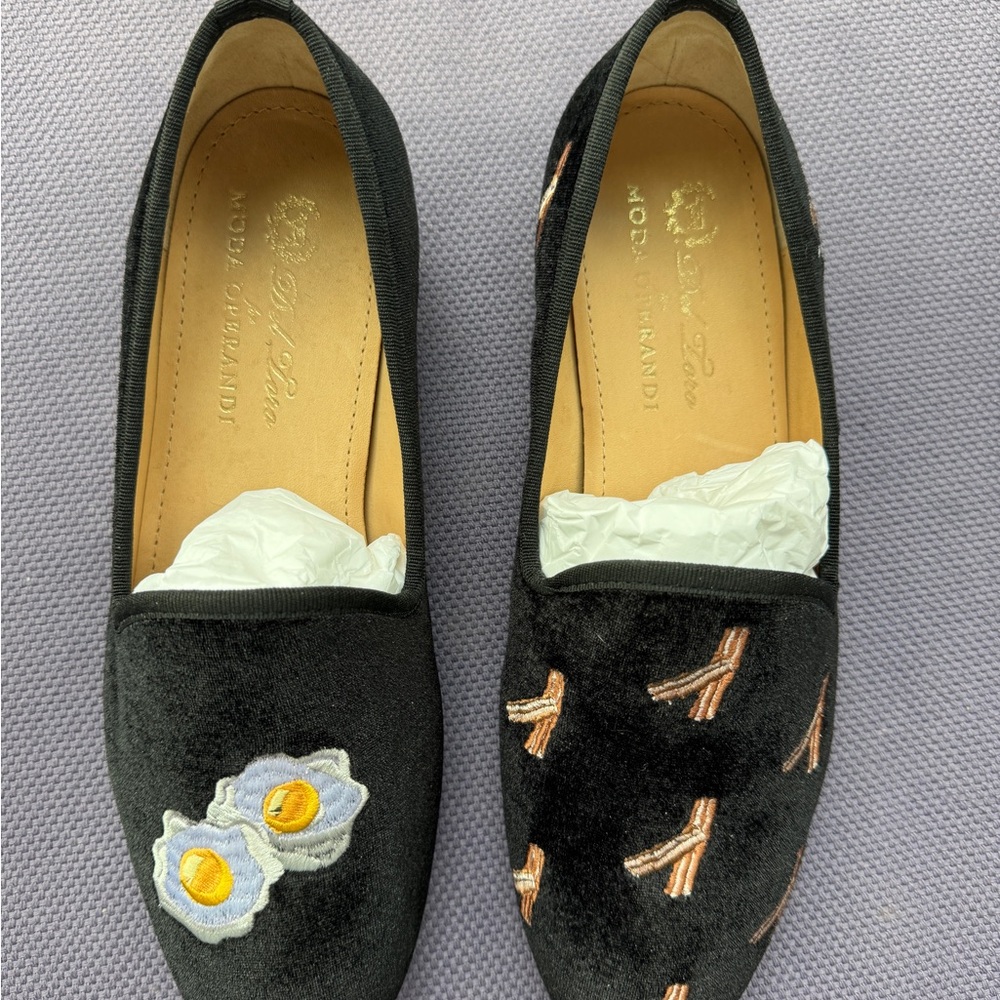 Del Toro Black Velvet Loafers with Egg and Bacon Embroidery